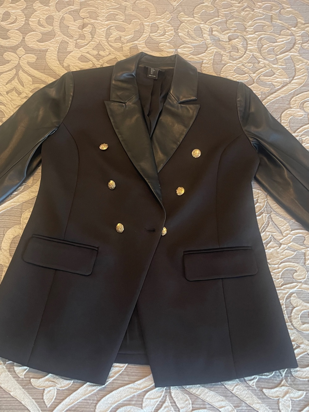 Rachel Zoe Black Double-Breasted Blazer with Leather Trim and Gold Buttons